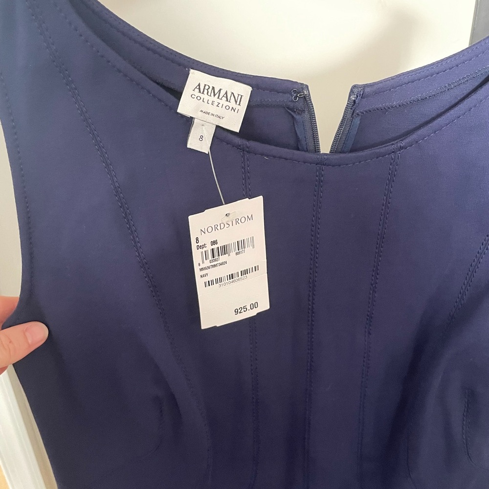 Armani navy blue fitted dress, never been worn and is absolutely stunning!